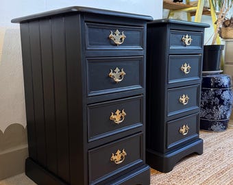 Newly refurbished v.large pair of bedside drawers tables nightstands black solid wood