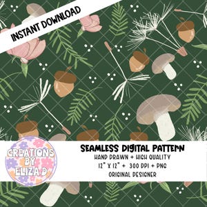 Woodland Green Seamless Pattern for Crafts Design Papers 300DPI PNG Instant Download Botanical Mushrooms Digital Papers For Scrapbooking
