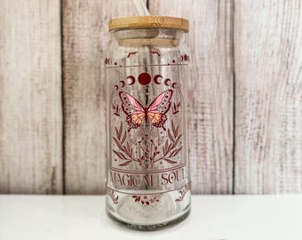 Celestial Glass Iced Coffee Cup: Butterfly, Moon & Stars - 20 oz Tumbler