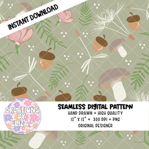 Neutral Botanical Seamless Pattern for Crafts Design Papers 300DPI PNG Instant Download Botanical Mushrooms Digital Papers For Scrapbooking