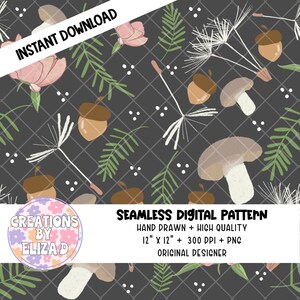 Moody Forest Seamless Pattern for Crafts Design Papers 300DPI PNG Instant Download Botanical Mushrooms Digital Papers For Scrapbooking