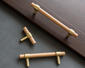 Walnut Kitchen Wood Drawer Pulls Vintage Drawer Dresser Cupboard Handles Gold Beech Kitchen Cabinet Hardware Modern Brass+Beech handle