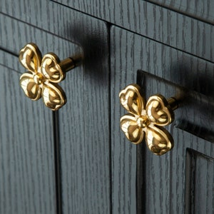 May include: Two gold-toned flower-shaped cabinet knobs with a black background.