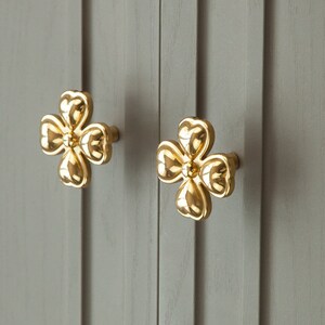 May include: Two gold-toned cabinet knobs shaped like four-leaf clovers. The knobs have a raised, textured design and are mounted on a gray surface.