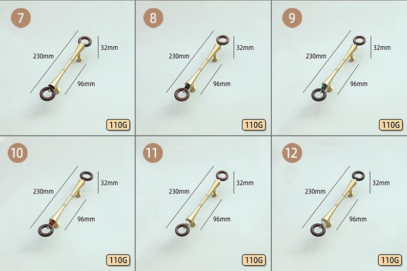 Peut inclure: Ensemble de six poign&eacute;es de meubles dor&eacute;es. Chaque poign&eacute;e mesure 230 mm de long, 96 mm entre les trous de montage et 32 mm de haut. Elles ont des extr&eacute;mit&eacute;s en forme d'anneau et p&egrave;sent 110G.