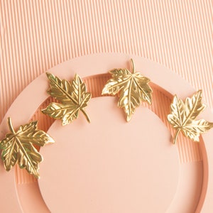 Puede incluir: Cuatro adornos de hoja de arce dorados sobre un fondo de color melocot&oacute;n. Las hojas est&aacute;n dispuestas en c&iacute;rculo alrededor de un espacio en blanco en el centro.