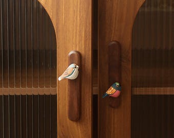 Puxador de pássaro de madeira feito à mão, ferragens para móveis infantis