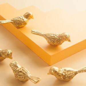 May include: Five gold bird-shaped drawer pulls. The pulls are detailed with textured feathers and have a shiny finish.