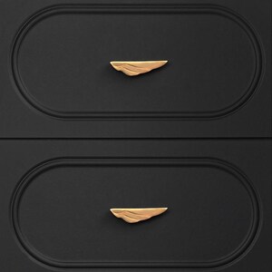 May include: Close-up of a black cabinet with two drawers. Each drawer has an oval recessed panel and a gold-colored, leaf-shaped handle. The handles are centered on the drawers, providing a decorative accent.