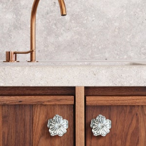 May include: Two wooden cabinet doors with silver flower-shaped knobs. The cabinets are made of a dark wood with a natural grain.
