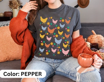 Huhn Shirt Hahn Tshirt für Mama Geschenk Cottage Core Shirt für Bauernhof Tee Barnyard print Huhn Hahn Blumen Cottage Core Geschenk für sie