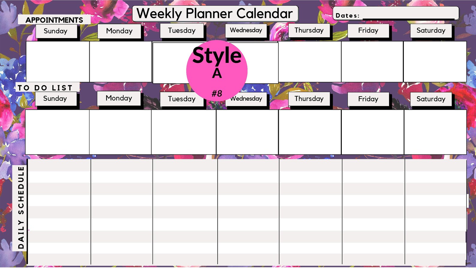 Digital Weekly Calendar Floral Print Etsy