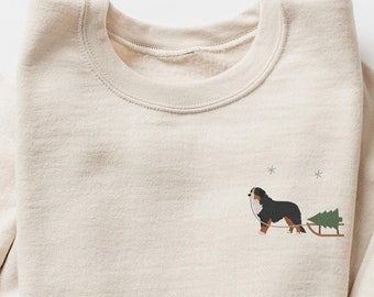 Embroidered Sweatshirt, Bernese Mountain Dog Harvesting a Christmas Tree, Embroidery Design Dog, Berner Mom Shirt, Christmas Dog Shirt