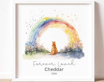 Custom Orange Tabby Cat Rainbow Bridge Memorial Art, Ginger Cat Loss Gift, Personalized Cat Name and Year Watercolor Pet Sympathy Print