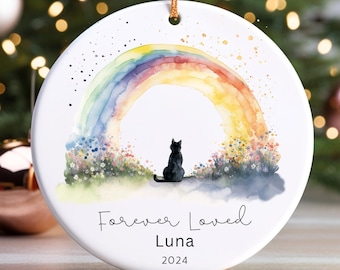 Personalized Pet Memorial Ornament, Rainbow Bridge Ornament, Black Cat Ornament, Forever Loved Cat Ornament, Pet Loss Gift,