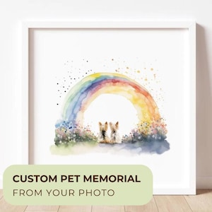 May include: A framed watercolor print featuring a rainbow arching over two small animal figures. The artwork has a soft, colorful aesthetic with a light green banner at the bottom that reads "CUSTOM PET MEMORIAL FROM YOUR PHOTO".