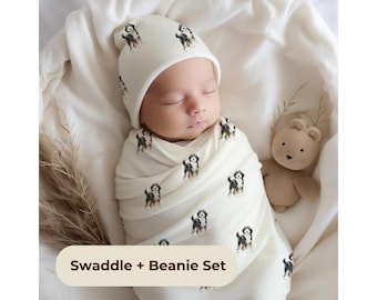 Bernedoodle Baby Swaddle and Beanie Set Watercolor Puppy Nursery Blanket Newborn Gift Dog Mom Baby Shower Gift Bernedoodle Lover