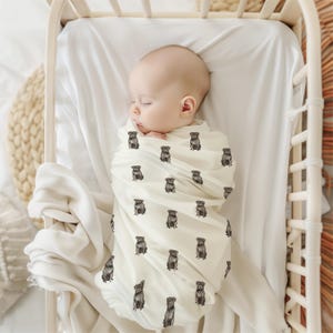 Pu&ograve; includere: Un bambino che dorme avvolto in una coperta color crema. La coperta &egrave; decorata con illustrazioni ripetute di un carlino scuro. Il bambino &egrave; in una culla bianca con un lenzuolo bianco e un cestino intrecciato.