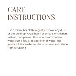 May include: Text on a white background reads "CARE INSTRUCTIONS". The text below advises using a microfiber cloth to remove dust, avoiding harsh chemicals, and using a cotton wool swab with warm water.
