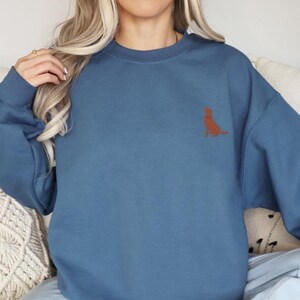 May include: A blue sweatshirt with a brown dog silhouette embroidered on the left chest.