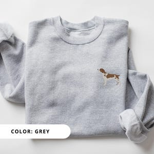 May include: A grey sweatshirt with a brown and white dog illustration on the front. The text "COLOR: GREY" is printed on a white rectangle at the bottom of the image.