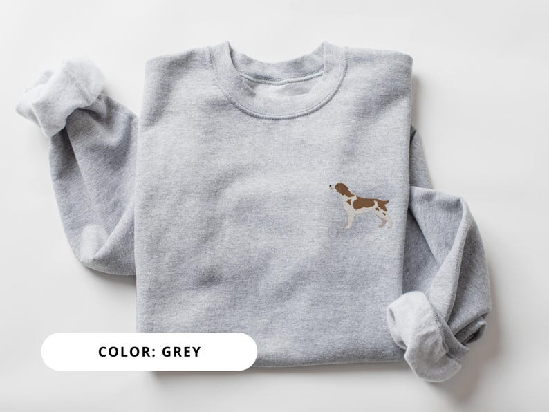 May include: A grey sweatshirt with a brown and white dog illustration on the front. The text "COLOR: GREY" is printed on a white rectangle at the bottom of the image.