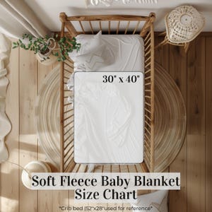 Pu&ograve; includere: Una coperta per neonati in morbido pile bianco, di 76 x 102 cm, &egrave; esposta in una culla di legno. L'immagine include il testo "Soft Fleece Baby Blanket Size Chart".