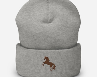 Horse Embroidered Beanie, Handmade Cuffed Knit Unisex Slouchy