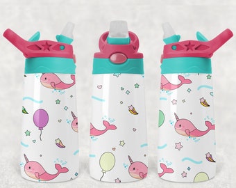 Whale Unicorn Kids Flip Top Water Bottle Sublimation Design - Straight & Tapered - 12 Oz Flip Top Design - Flip Top Sippy Cup PNG - 300 DPI
