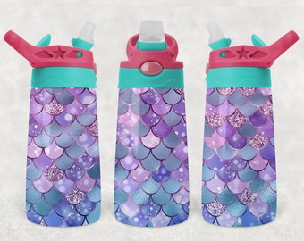 Mermaid Kids Flip Top Water Bottle Sublimation Design - Straight & Tapered - 12 Oz Flip Top Design - Flip Top Sippy Cup PNG - 300 DPI