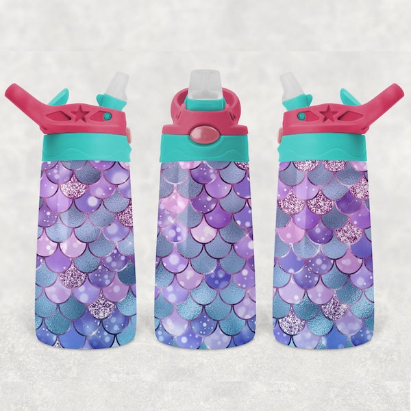 Mermaid Kids Flip Top Water Bottle Sublimation Design - Straight & Tapered - 12 Oz Flip Top Design - Flip Top Sippy Cup PNG - 300 DPI