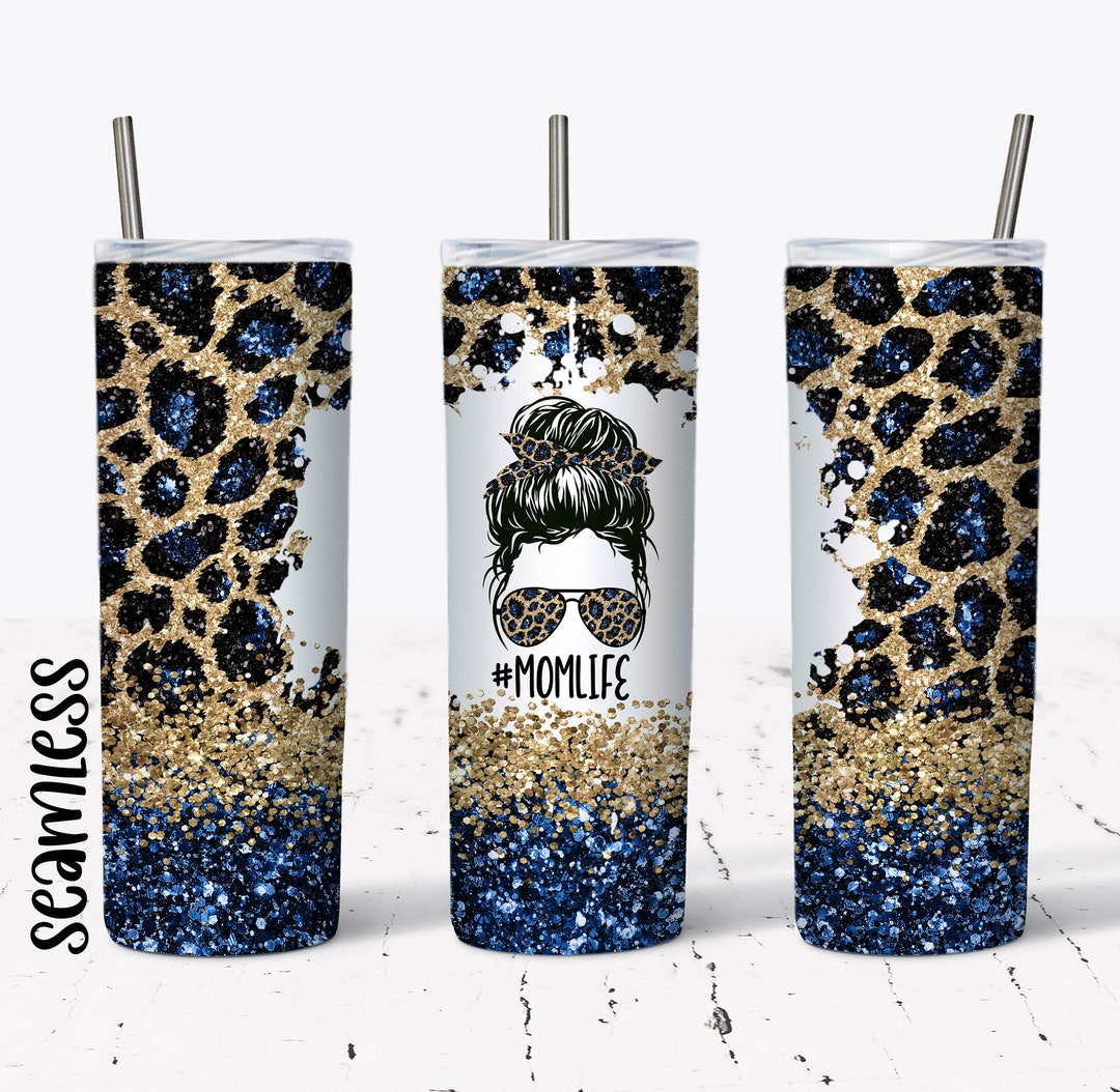 20 OZ Seamless Navy Glitter Leopard Mom Life Skinny Tumbler Design ...