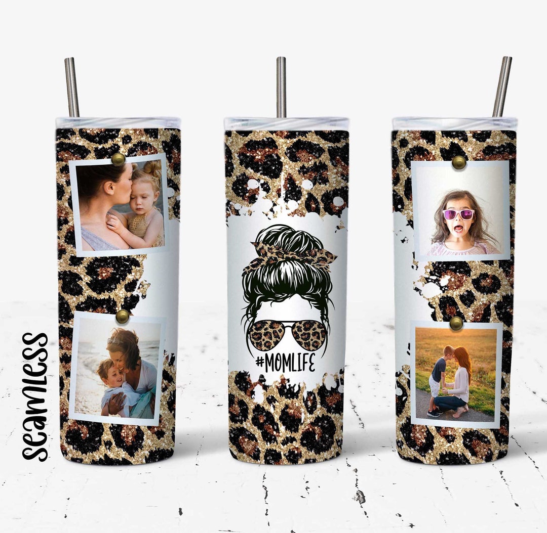 20 OZ Seamless Glitter Leopard Mom Life Photo Skinny Tumbler Design ...