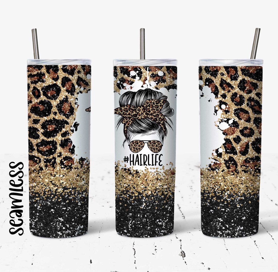 20 OZ Seamless Hair Life Glitter Leopard Messy Bun Hair Skinny Tumbler ...