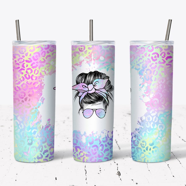 20 OZ Iridescent Leopard Mom Life Skinny Tumbler  Design - Straight & Tapered Sublimation Wrap Design - Tumbler PNG - Add Your Own Text