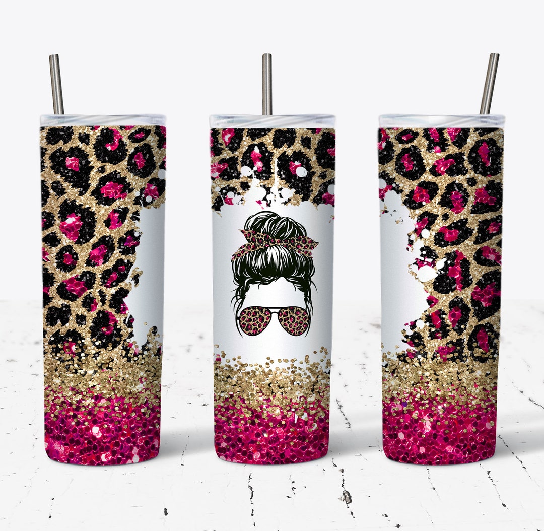 20 OZ Hot Pink Glitter Leopard Messy Bun Hair Skinny Tumbler Design ...