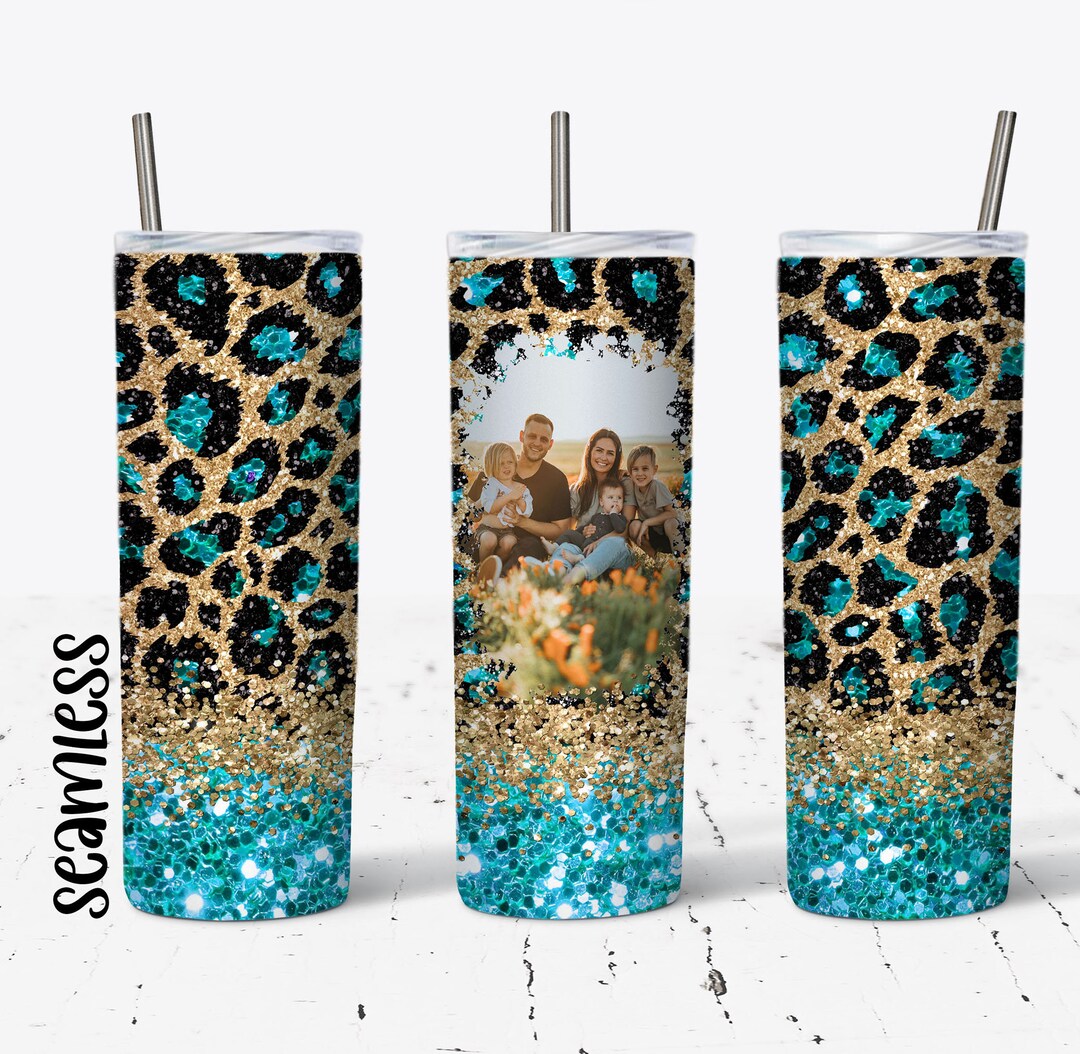 20 OZ Seamless Teal Glitter Leopard Photo Skinny Tumbler Design ...