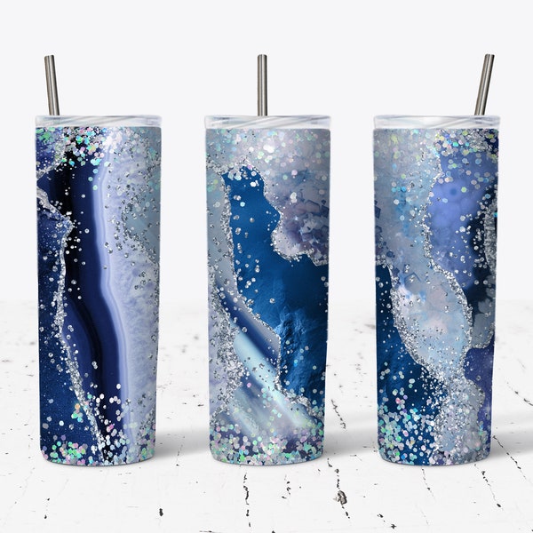 20 OZ Blue And Silver Glitter Agate Sublimation Skinny Tumbler Design - Straight & Tapered Sublimation Wrap Design - Tumbler PNG - Template