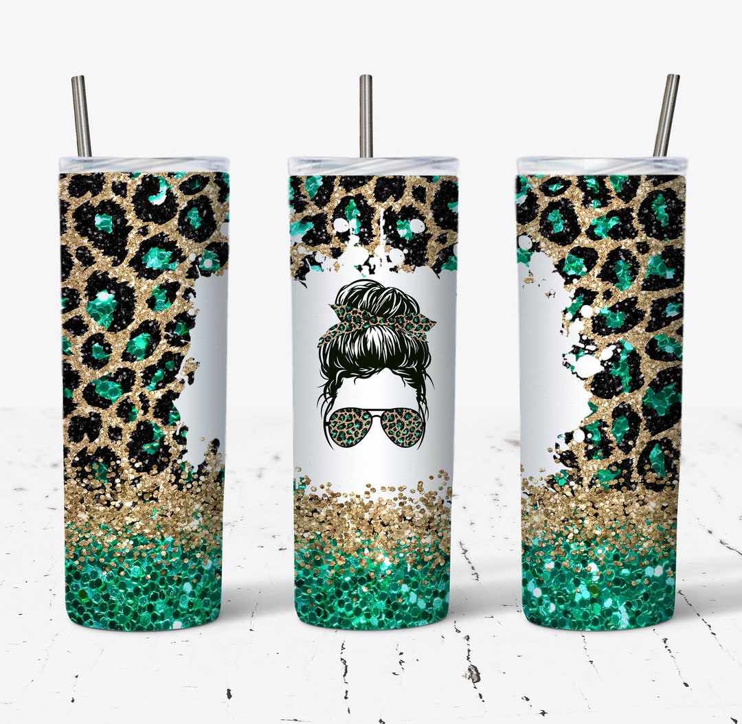 20 OZ Teal Glitter Leopard Messy Bun Hair Skinny Tumbler Design ...