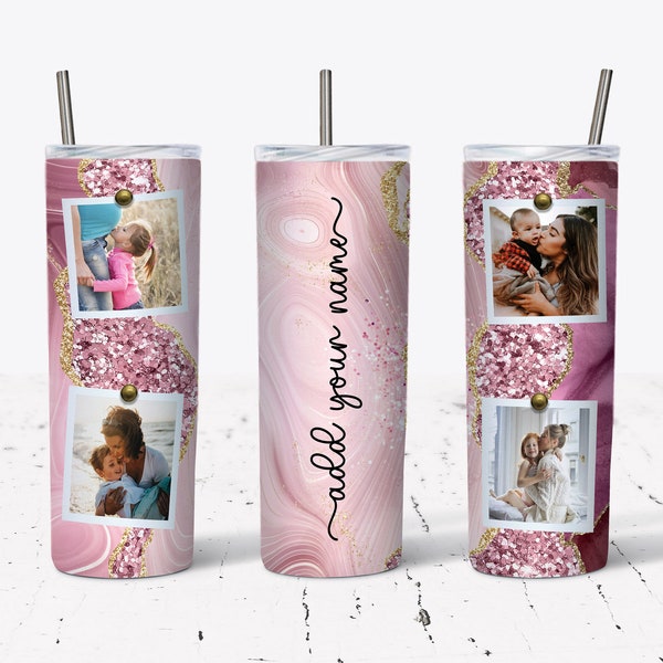 Pink Glitter Agate Photo Tumbler Wrap - 20 Oz Skinny Tumbler - Sublimation Design - Instant Digital Download - Tumbler PNG - Add Your Name