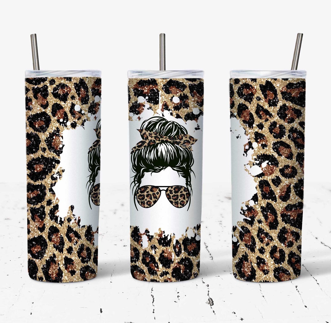 20 OZ Glitter Leopard Messy Bun Sublimation Skinny Tumbler Design ...