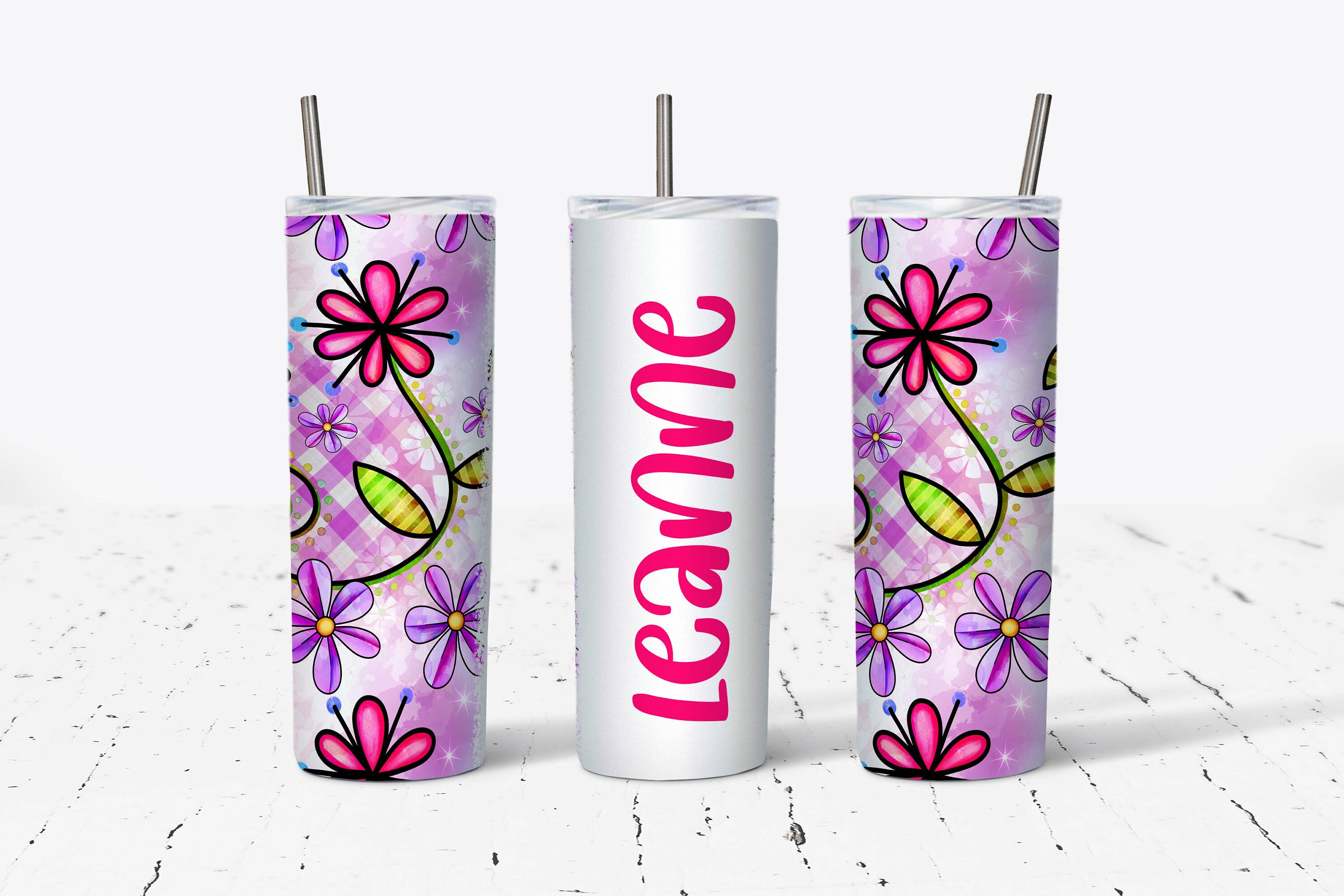 20 OZ Pink and Purple Daisies Skinny Tumbler Design - Straight ...