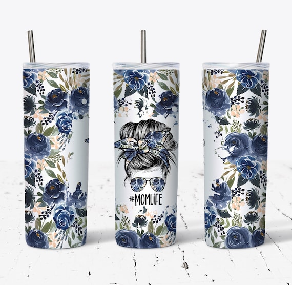 20 OZ Watercolor Flowers Mom Life Messy Bun Hair Sublimation Tumbler Design - Straight & Tapered  Sublimation Wrap Design -  Tumbler PNG