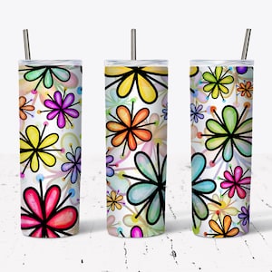 20 OZ Rainbow Doodle Daisy Skinny Tumbler Design - Straight & Tapered Sublimation Wrap Design - Tumbler PNG - Template