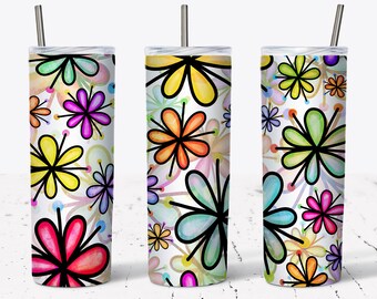 20 OZ Rainbow Doodle Daisy Skinny Tumbler Design - Straight & Tapered Sublimation Wrap Design - Tumbler PNG - Template