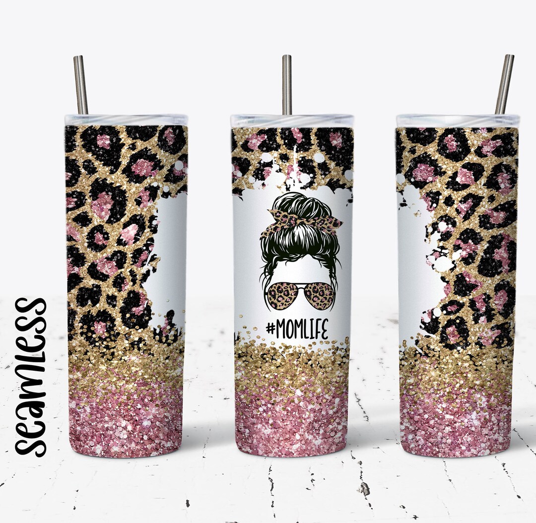 20 OZ Seamless Pink Glitter Leopard Mom Life Skinny Tumbler Design ...