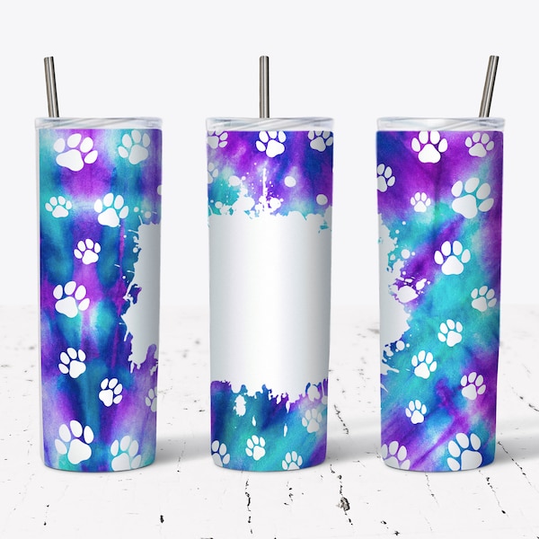 20 OZ  Purple Tie Dye Paw Prints Skinny Tumbler Design - Straight Sublimation Wrap Design - Tumbler PNG - Template