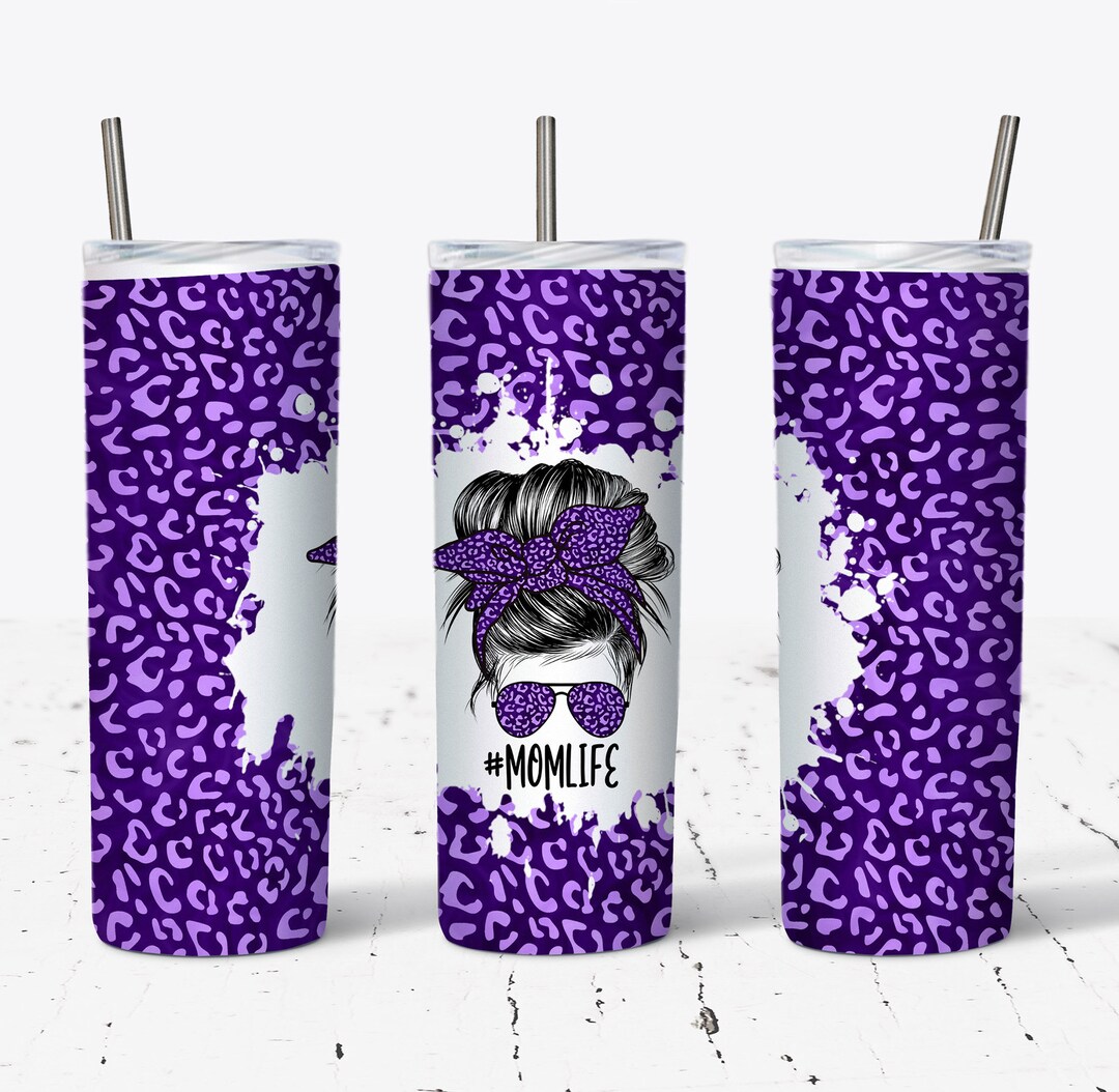 20 OZ Purple Leopard Mom Life Messy Bun Sublimation Skinny Tumbler ...