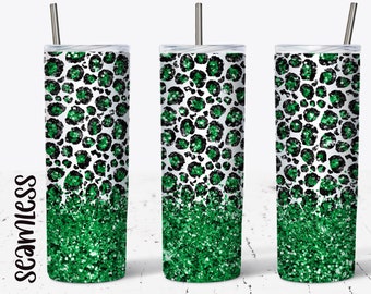 Green Glitter Leopard Tumbler Wrap - 20 Oz Skinny Tumbler - Sublimation Design - Digital Download - Seamless Tumbler PNG