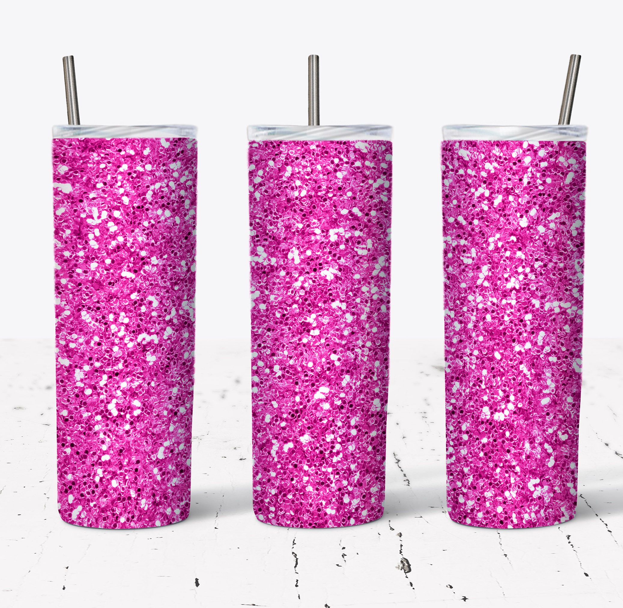 20 OZ Hot Pink Chunky Glitter Skinny Tumbler Design - Straight ...